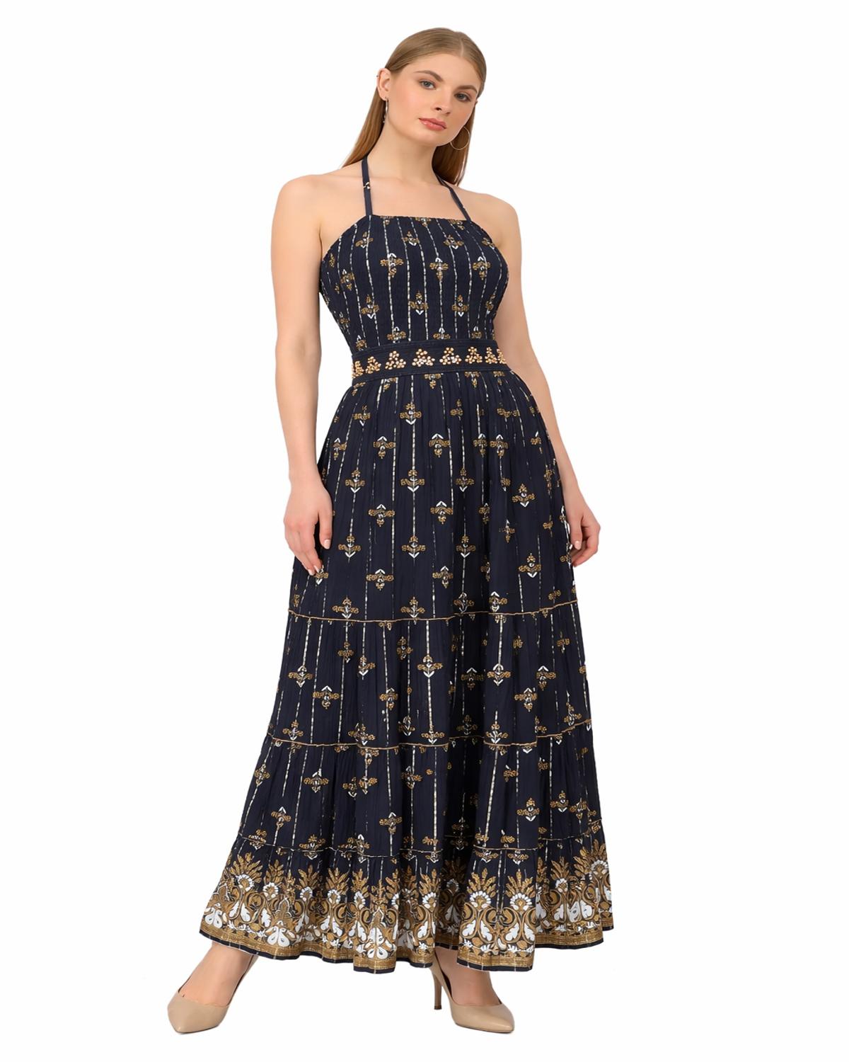 26422 Halter Neck Backless Printed Maxi Dress with Strap Detail - Advance Apparels Inc