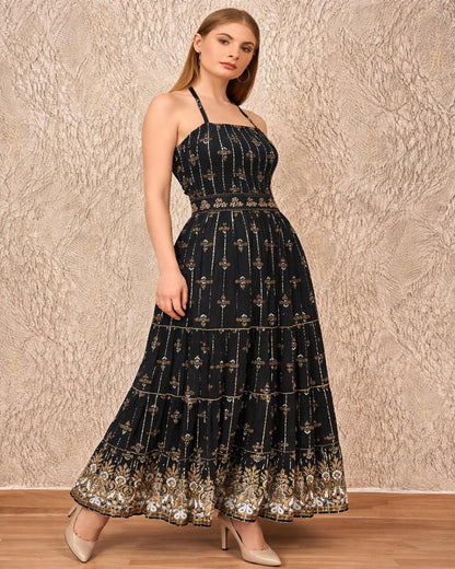 26422 Halter Neck Backless Printed Maxi Dress with Strap Detail - Advance Apparels Inc