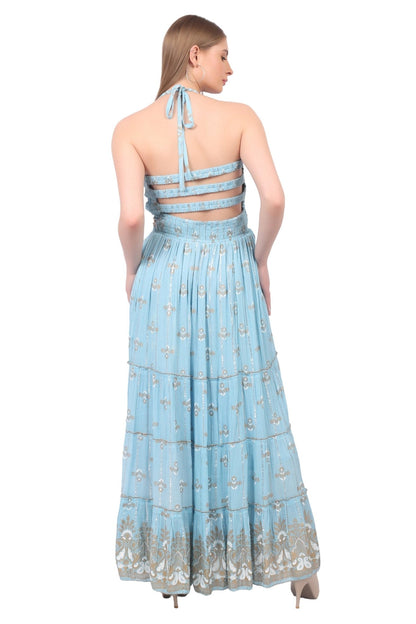 26422 Halter Neck Backless Printed Maxi Dress with Strap Detail - Advance Apparels Inc