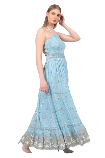26422 Halter Neck Backless Printed Maxi Dress with Strap Detail - Advance Apparels Inc