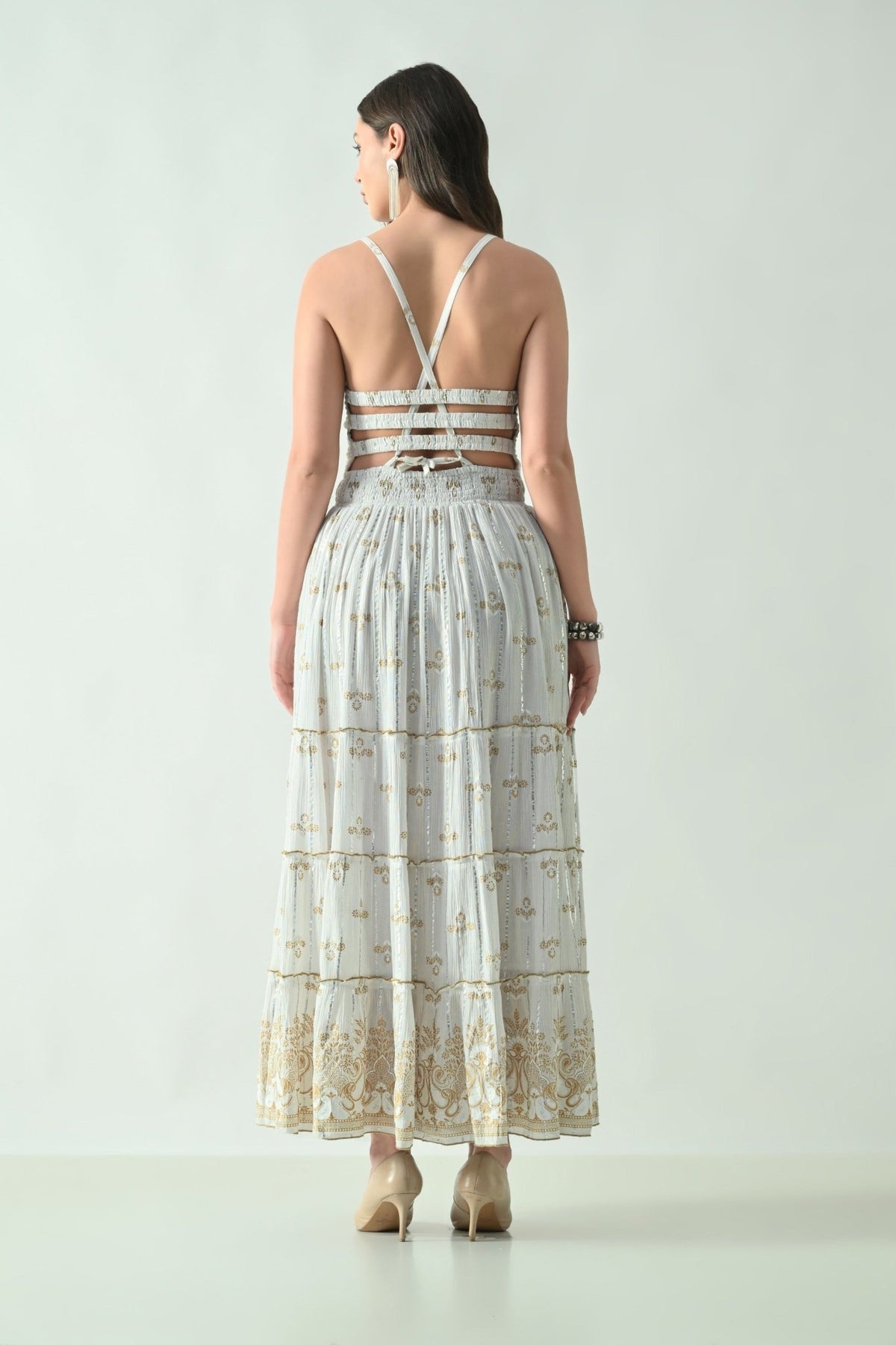 26422 Halter Neck Backless Printed Maxi Dress with Strap Detail - Advance Apparels Inc