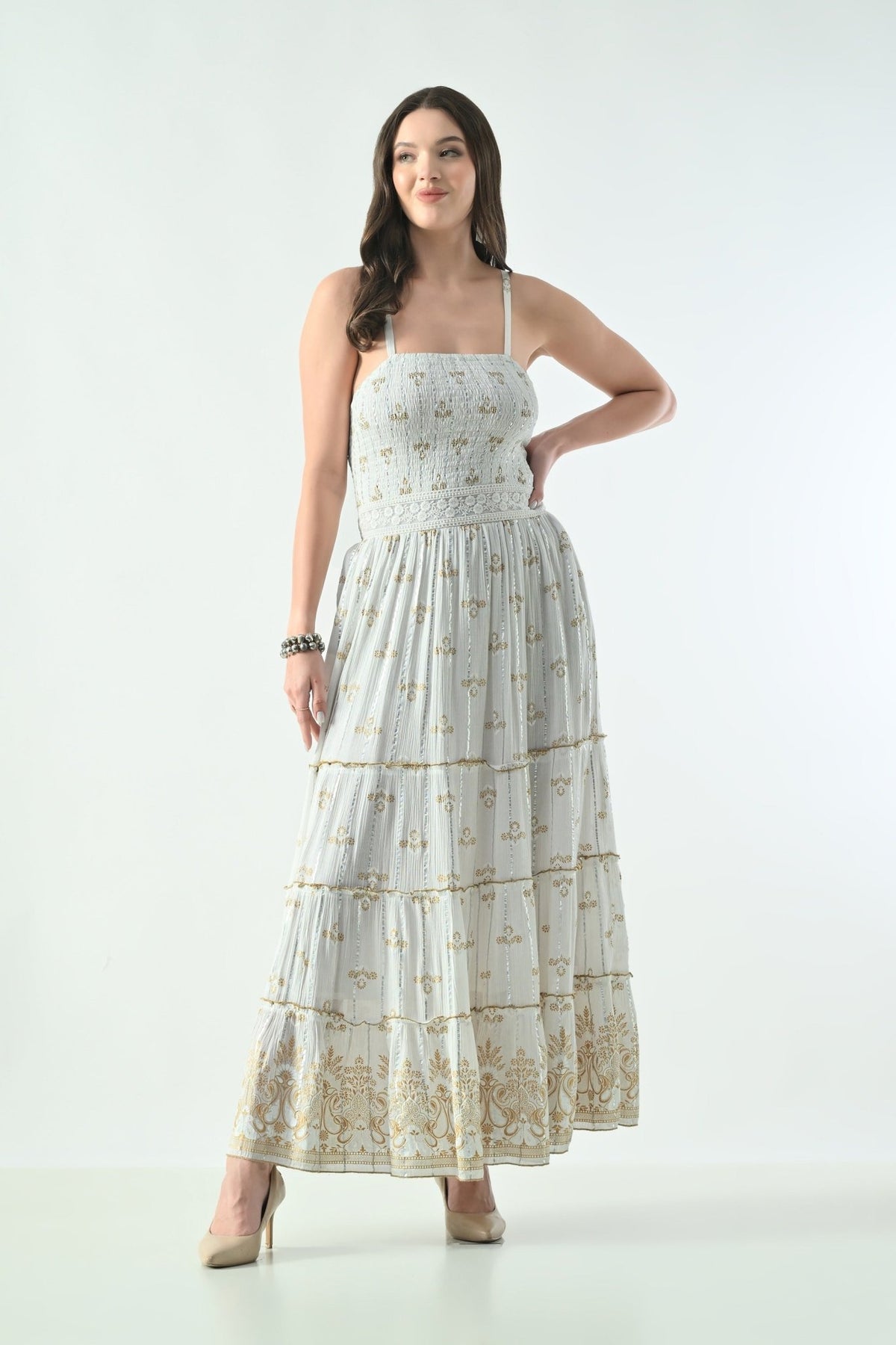26422 Halter Neck Backless Printed Maxi Dress with Strap Detail - Advance Apparels Inc