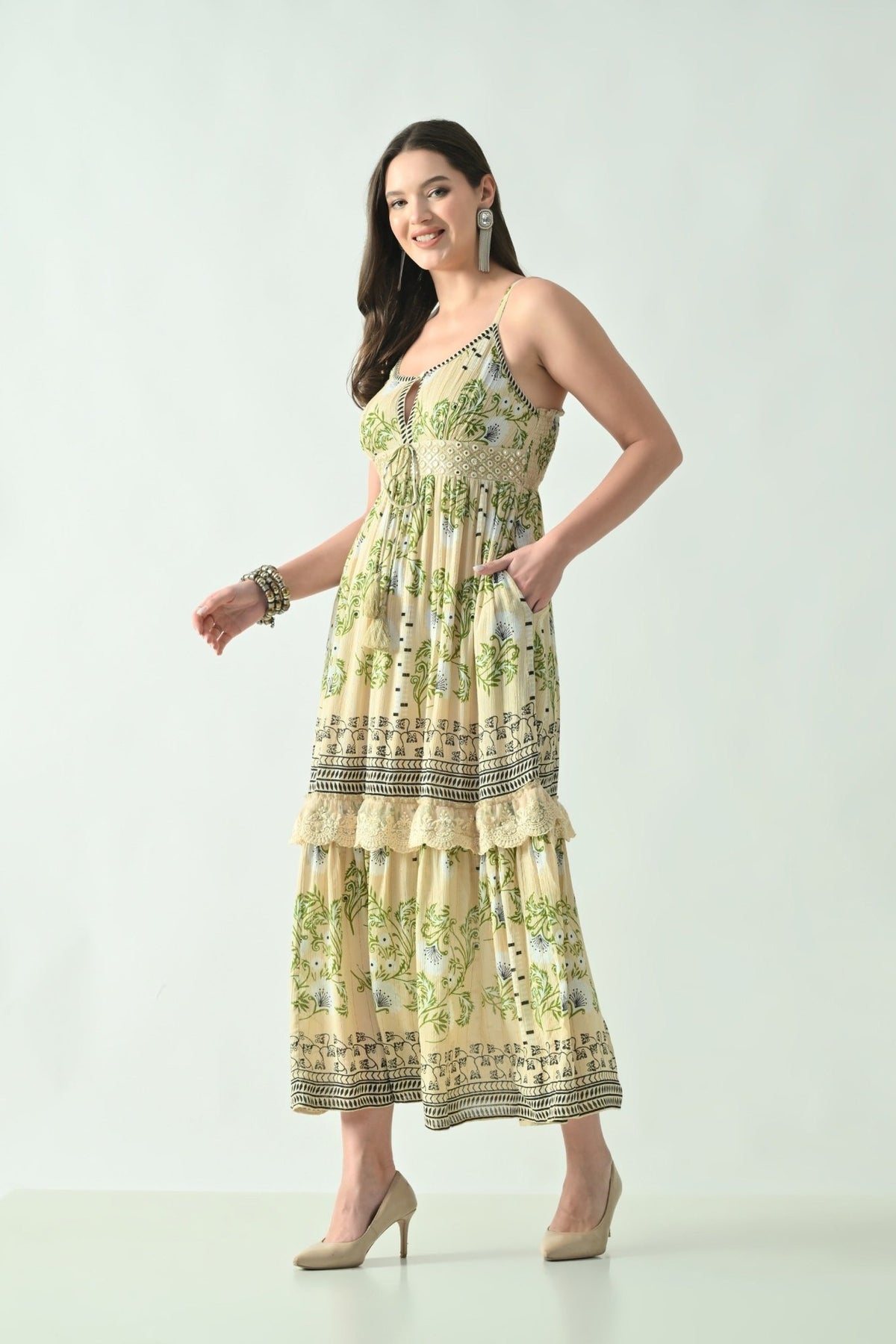 26423 Bohemian Printed Tiered Maxi Dress with Lace Detail & Tassel Tie - Advance Apparels Inc