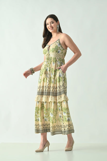 26423 Bohemian Printed Tiered Maxi Dress with Lace Detail & Tassel Tie - Advance Apparels Inc