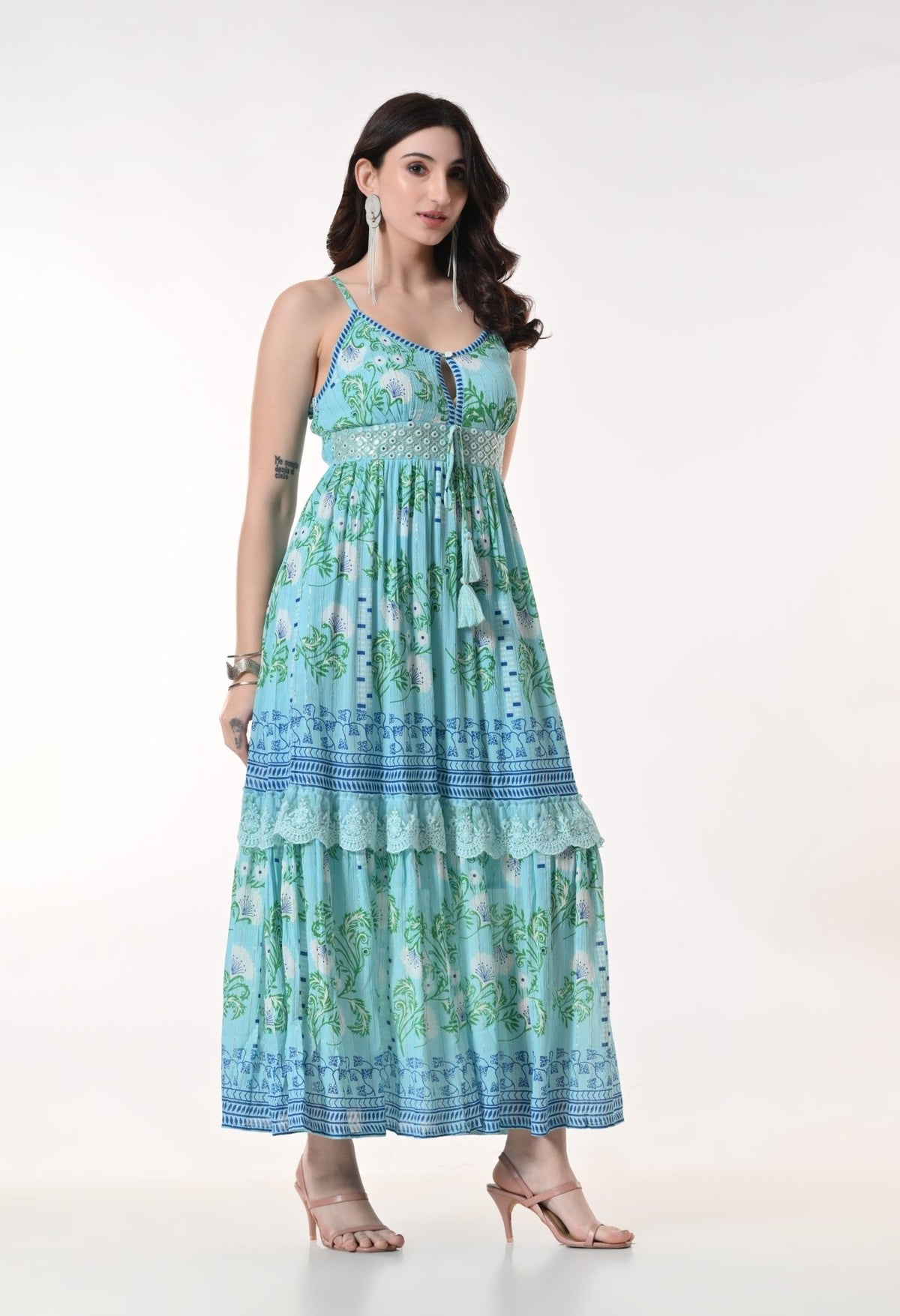 26423 Bohemian Printed Tiered Maxi Dress with Lace Detail & Tassel Tie - Advance Apparels Inc