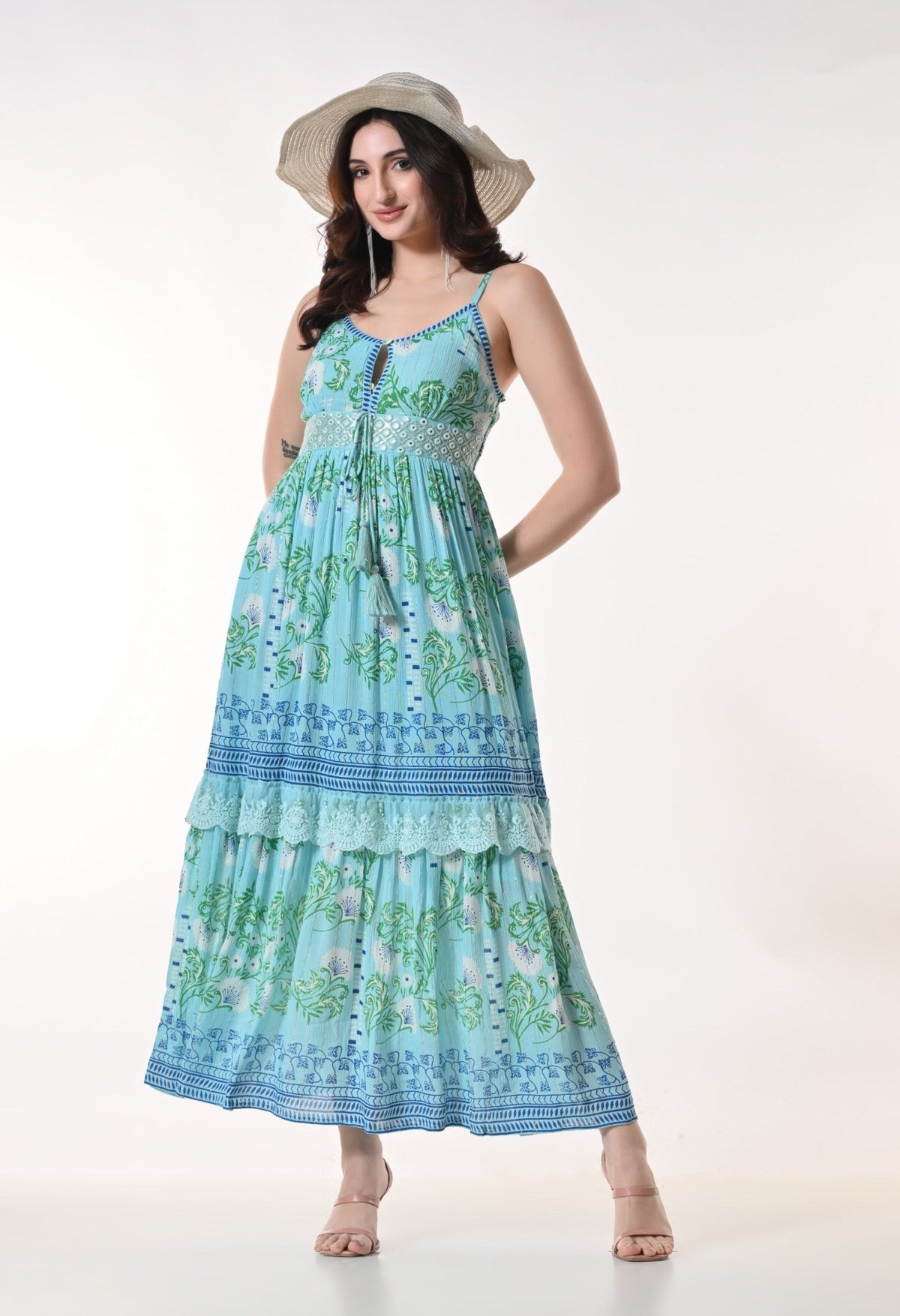 26423 Bohemian Printed Tiered Maxi Dress with Lace Detail & Tassel Tie - Advance Apparels Inc
