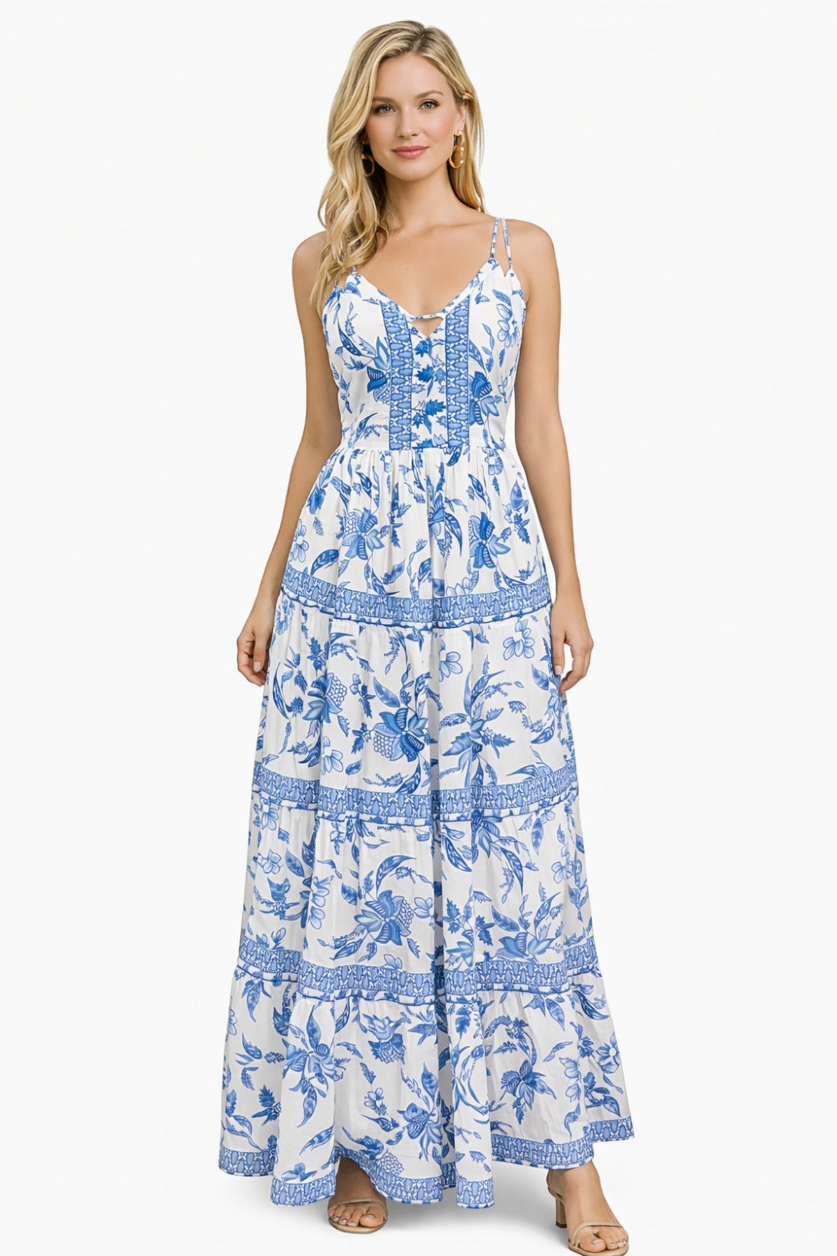 26426 Elegant Floral Tiered Maxi Dress with Strappy Back - Advance Apparels Inc