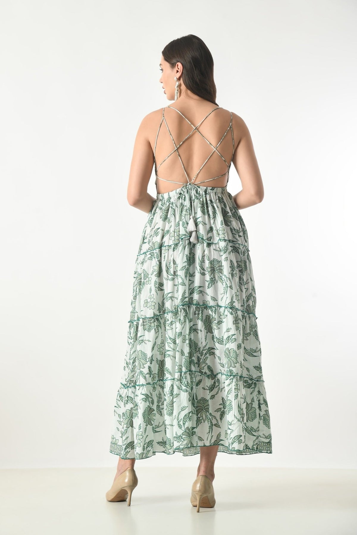 26426 Elegant Floral Tiered Maxi Dress with Strappy Back - Advance Apparels Inc