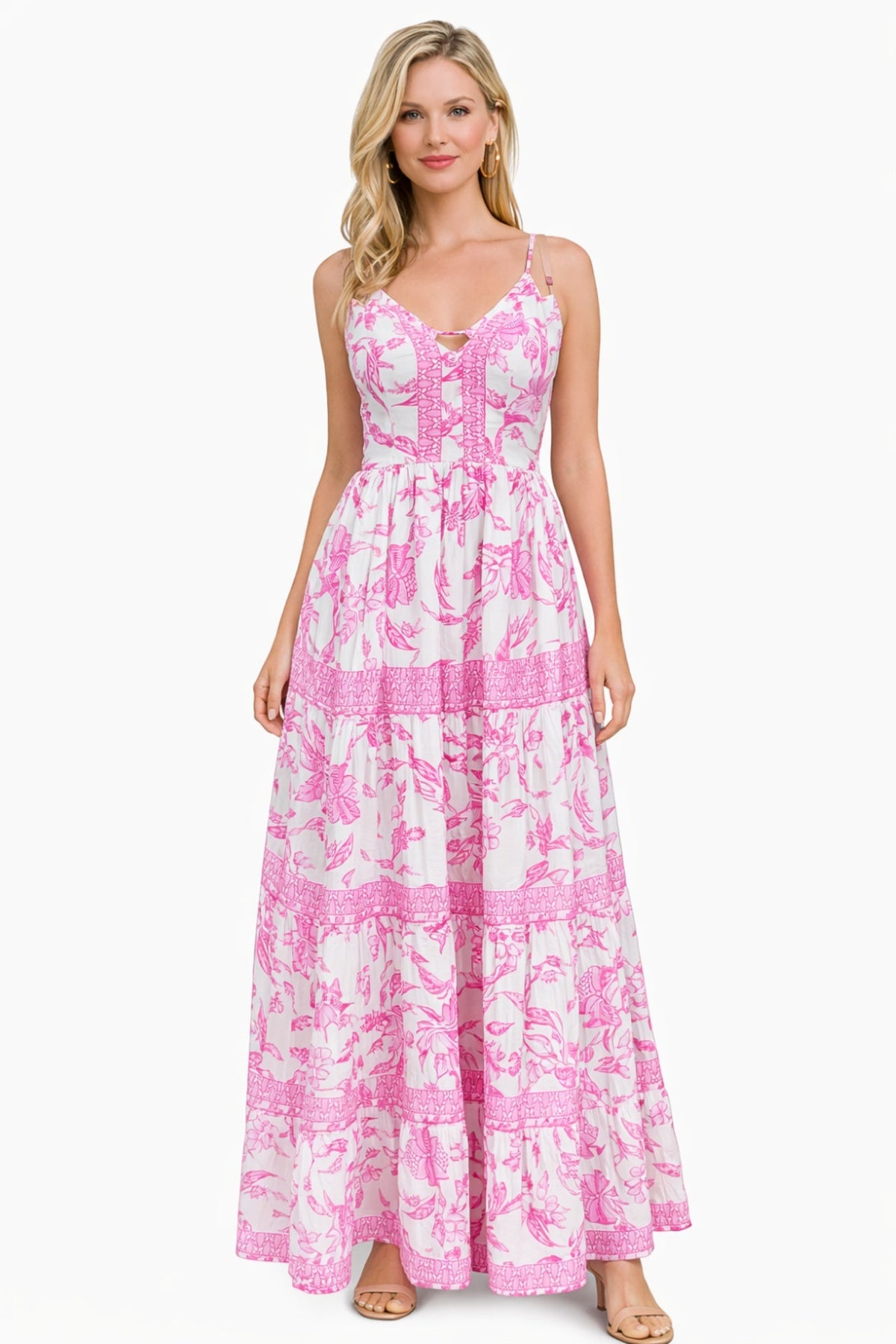 26426 Elegant Floral Tiered Maxi Dress with Strappy Back - Advance Apparels Inc