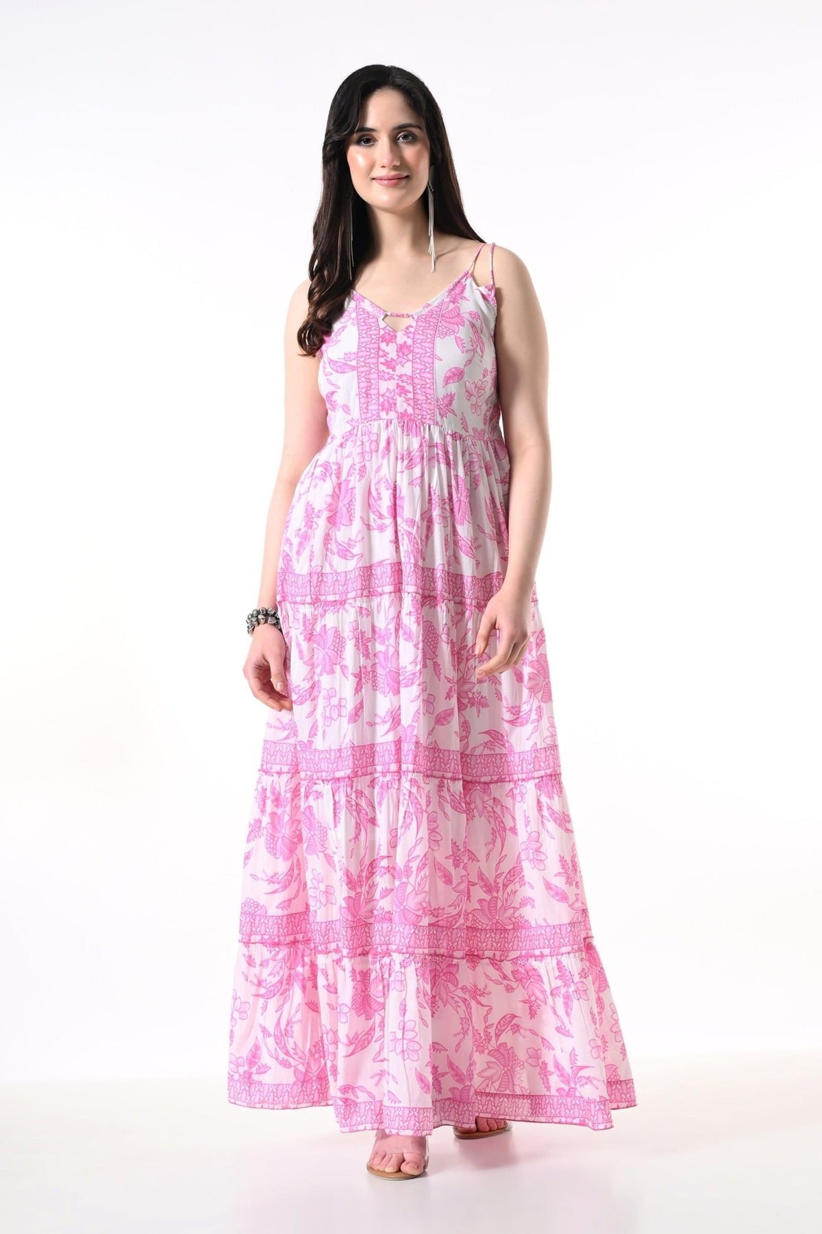 26426 Elegant Floral Tiered Maxi Dress with Strappy Back - Advance Apparels Inc