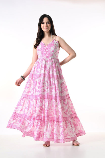 26426 Elegant Floral Tiered Maxi Dress with Strappy Back - Advance Apparels Inc