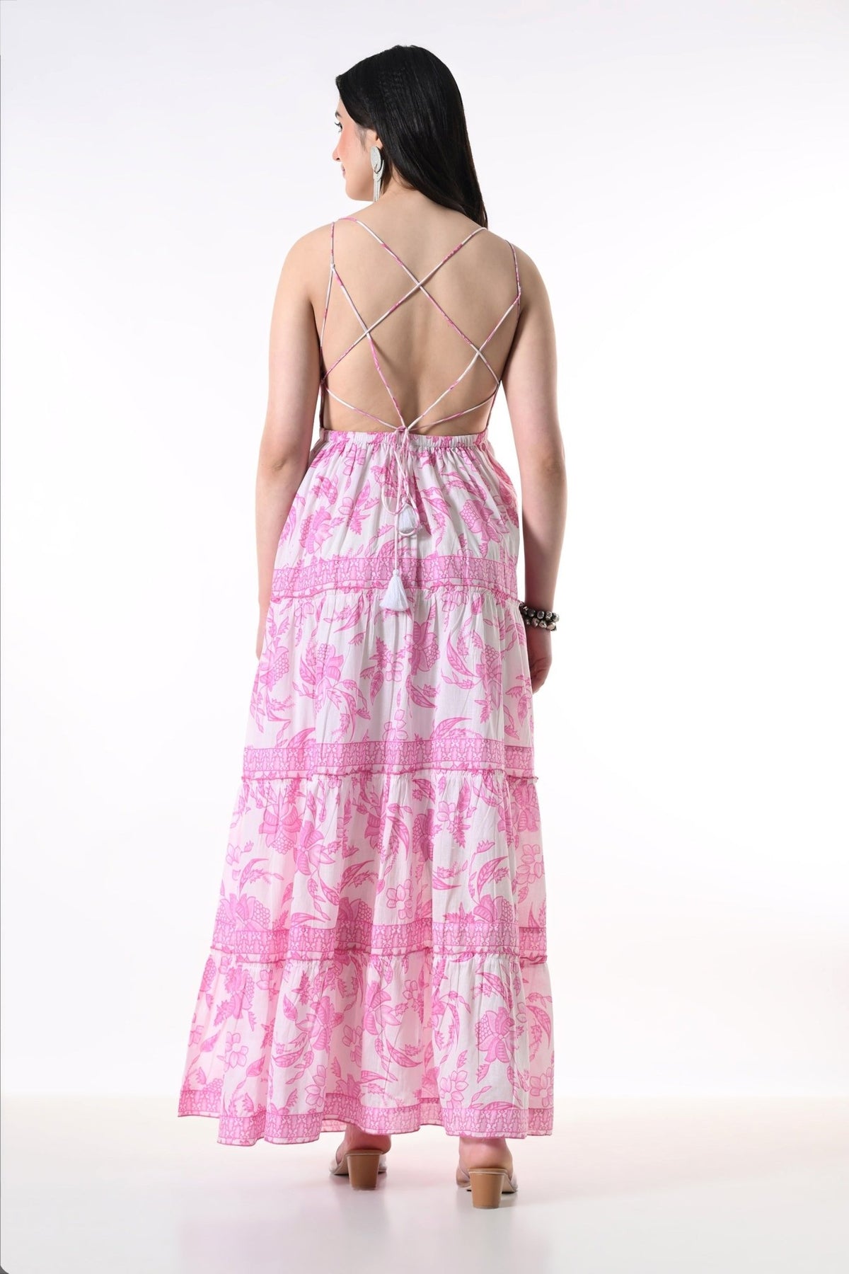 26426 Elegant Floral Tiered Maxi Dress with Strappy Back - Advance Apparels Inc