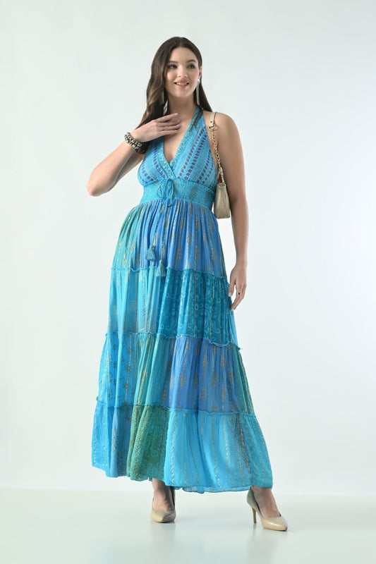 26427 Bohemian Patchwork Halter Maxi Dress – Pink Multi Print - Advance Apparels Inc