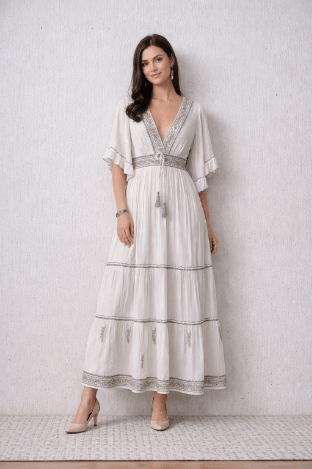 26434 Boho Embroidered Maxi Dress with Flutter Sleeves – V-Neck Tassel Tie Dress - Advance Apparels Inc