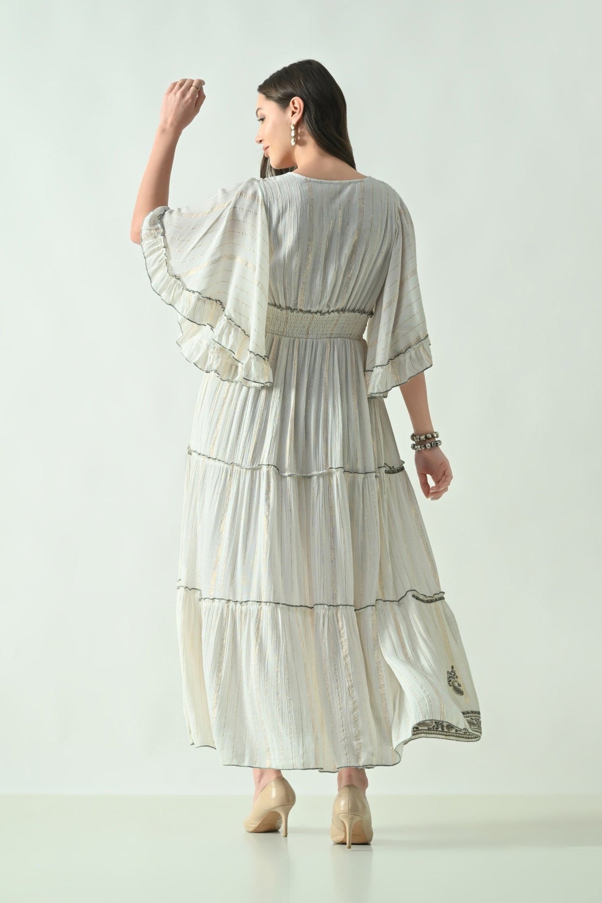 26434 Boho Embroidered Maxi Dress with Flutter Sleeves – V-Neck Tassel Tie Dress - Advance Apparels Inc