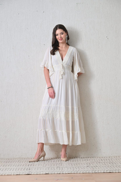 26434 Boho Embroidered Maxi Dress with Flutter Sleeves – V-Neck Tassel Tie Dress - Advance Apparels Inc