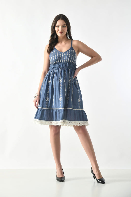 26445 Chambray Embroidered Tie-Back Midi Dress – Smocked Waist Boho Style - Advance Apparels Inc