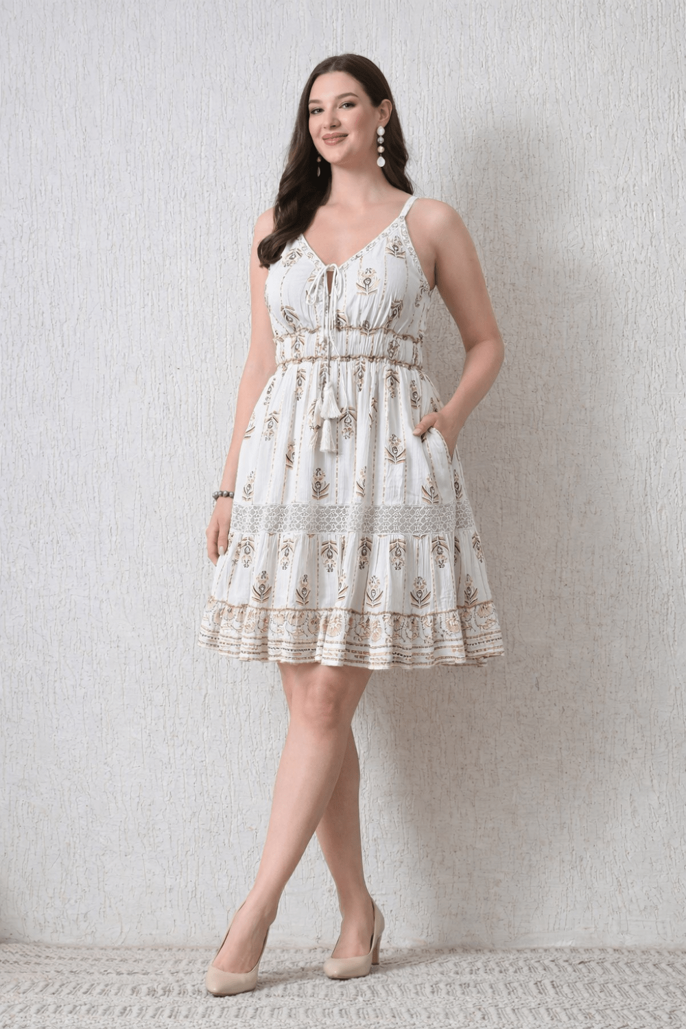 26446 Bohemian Gold Print Tiered Sundress – Gold print Mini Dress - Advance Apparels Inc