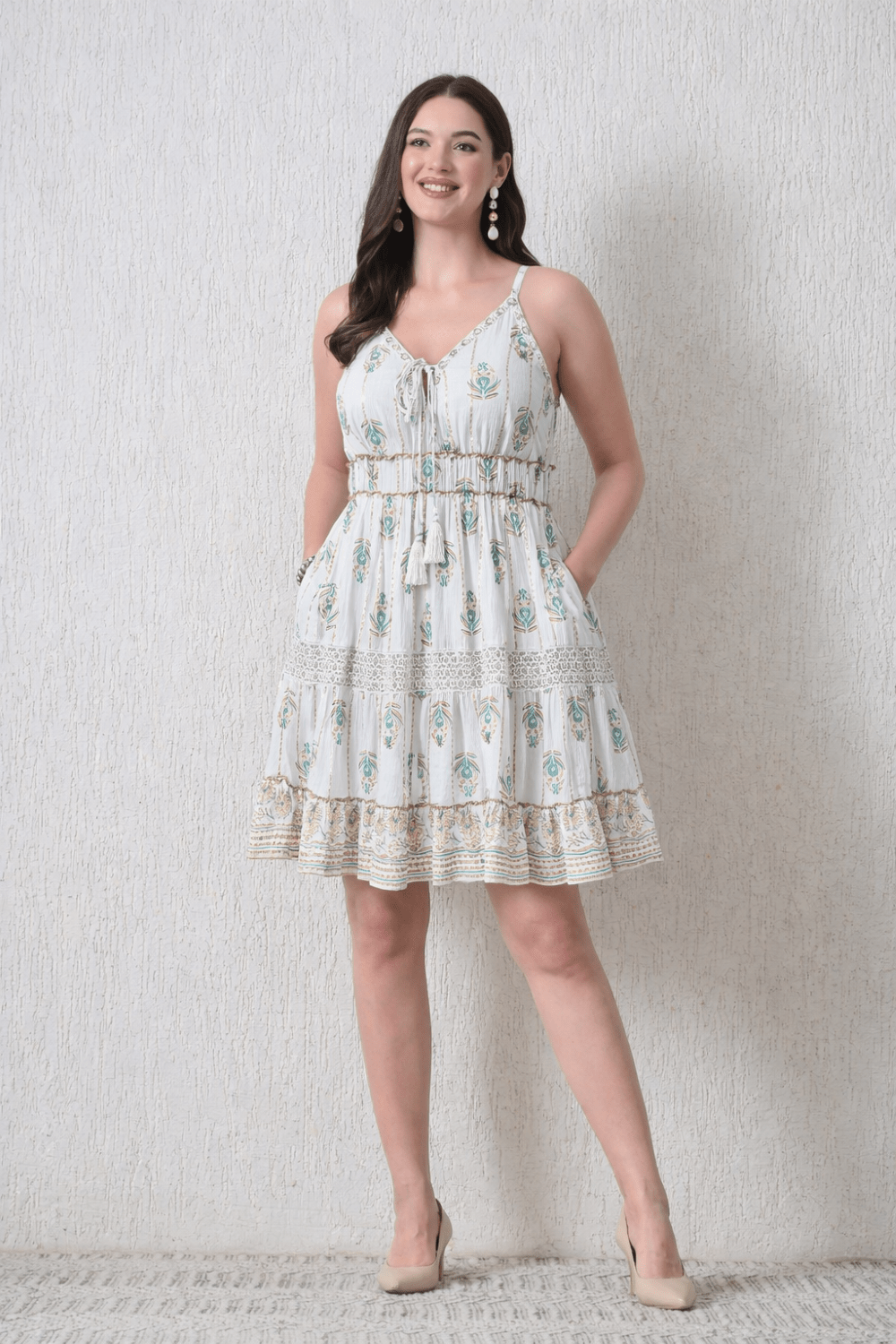 26446 Bohemian Gold Print Tiered Sundress – Gold print Mini Dress - Advance Apparels Inc