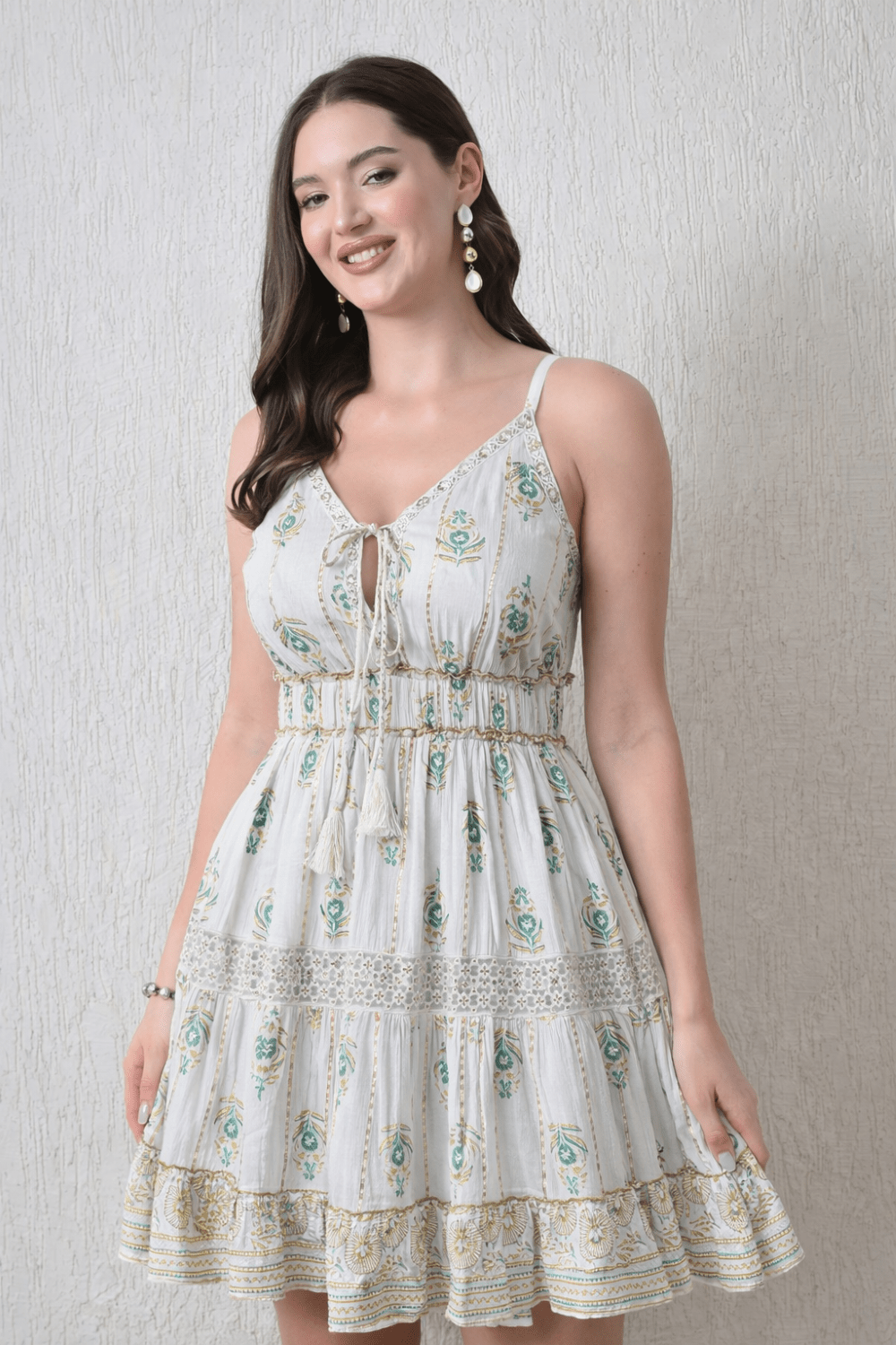 26446 Bohemian Gold Print Tiered Sundress – Gold print Mini Dress - Advance Apparels Inc
