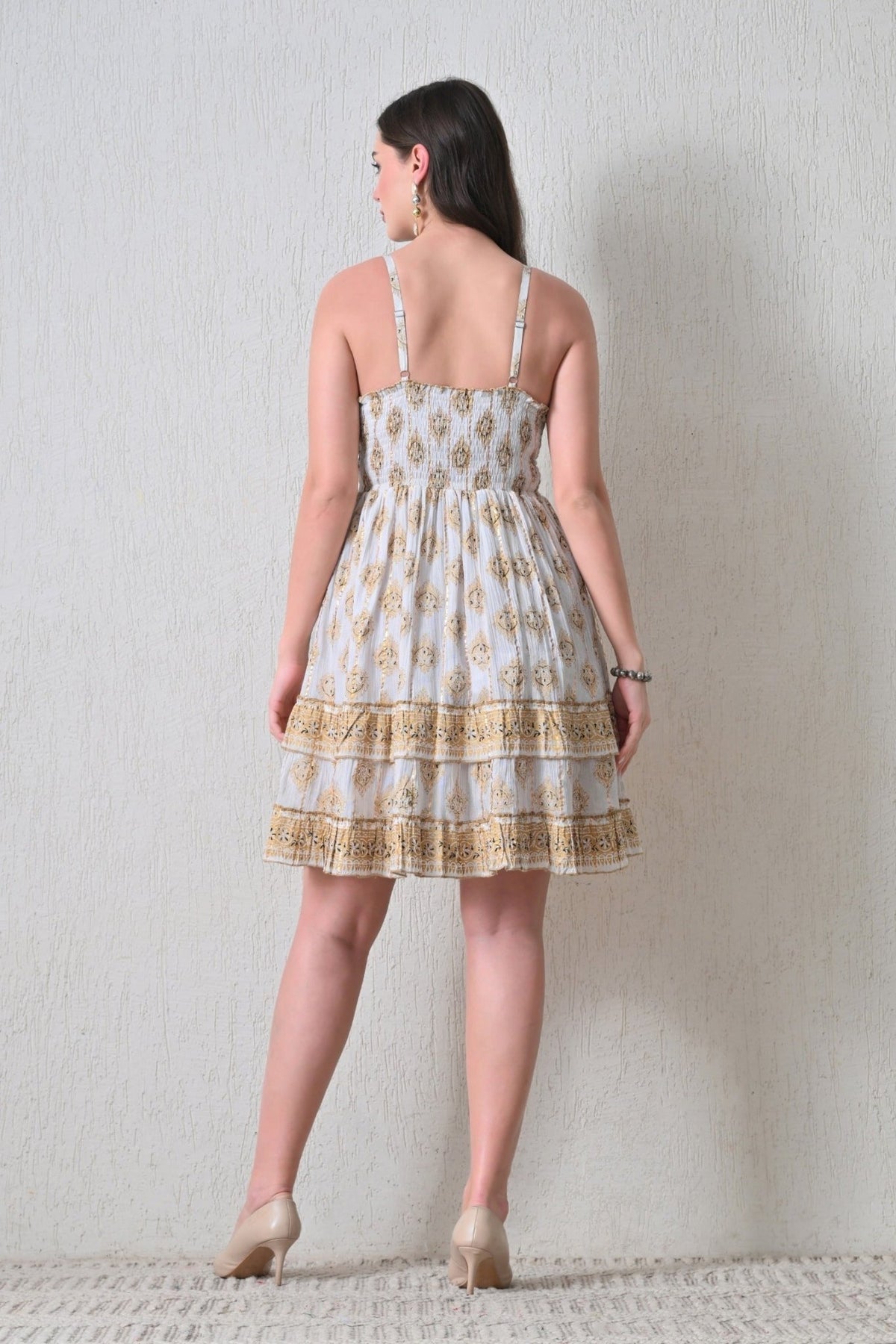 26449 Bohemian Printed Smocked Waist Sundress with Tassel Tie - Advance Apparels Inc