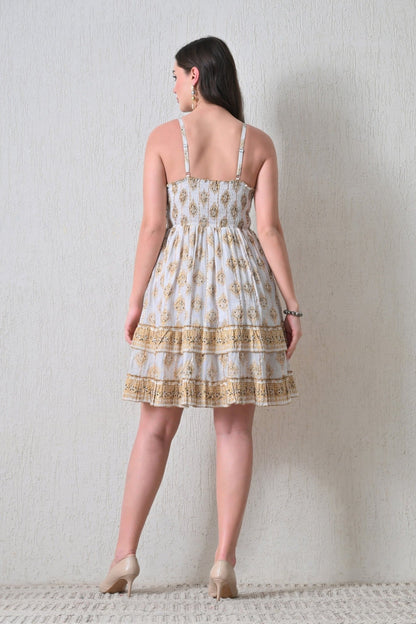 26449 Bohemian Printed Smocked Waist Sundress with Tassel Tie - Advance Apparels Inc