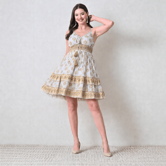26449 Bohemian Printed Smocked Waist Sundress with Tassel Tie - Advance Apparels Inc