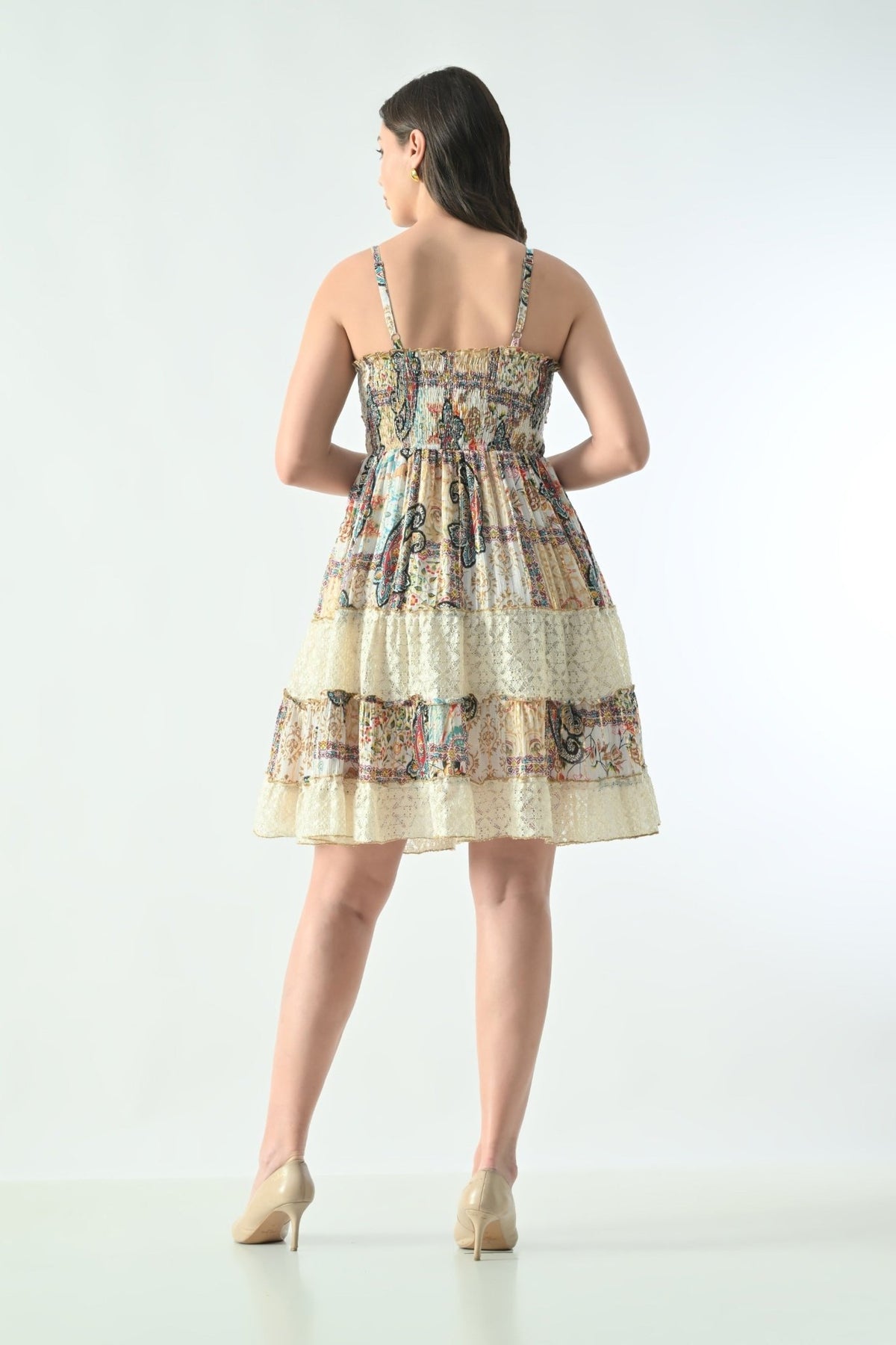 26450 Boho Paisley Print Lace Tiered Mini Dress – Smocked Waist with Tassel Tie - Advance Apparels Inc
