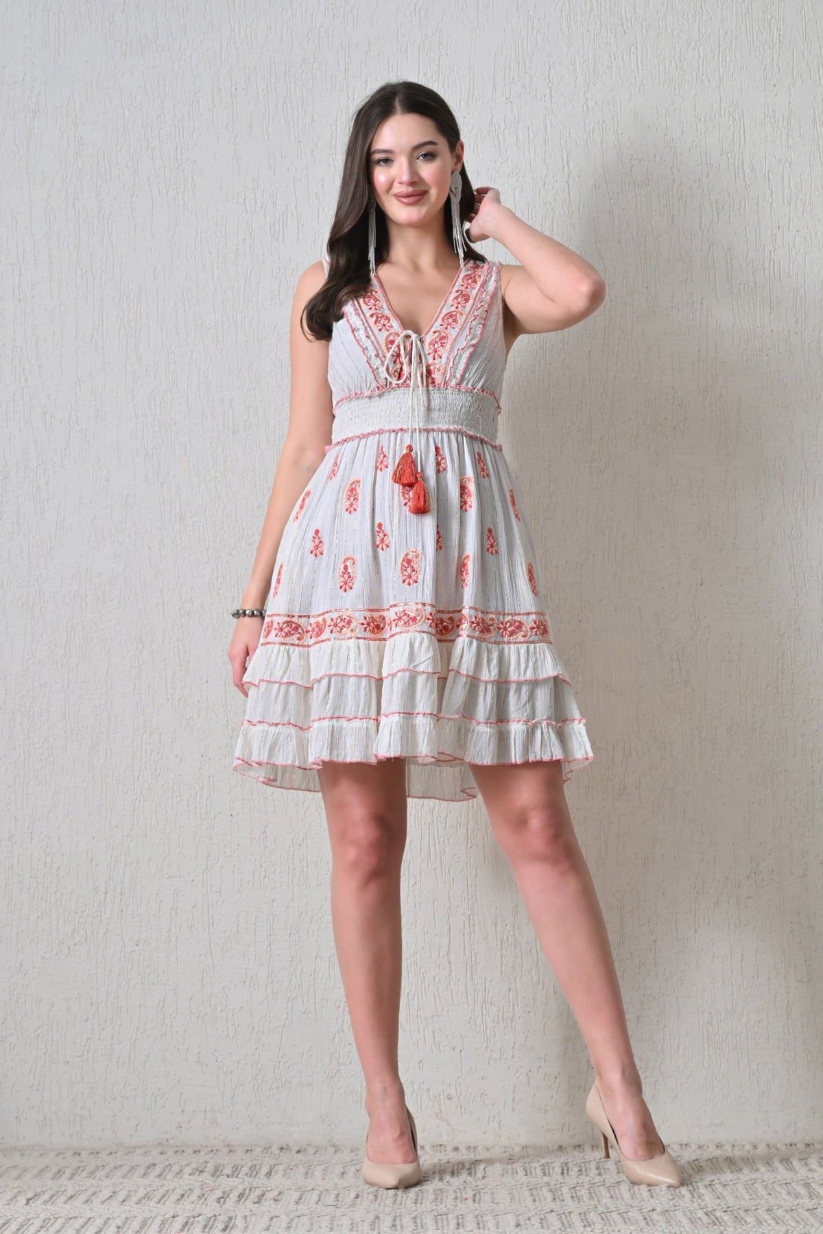 26452 Boho Embroidered Smocked Waist Mini Dress - Advance Apparels Inc