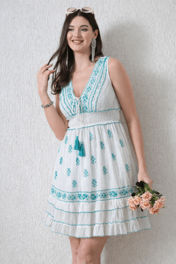 26452 Boho Embroidered Smocked Waist Mini Dress - Advance Apparels Inc