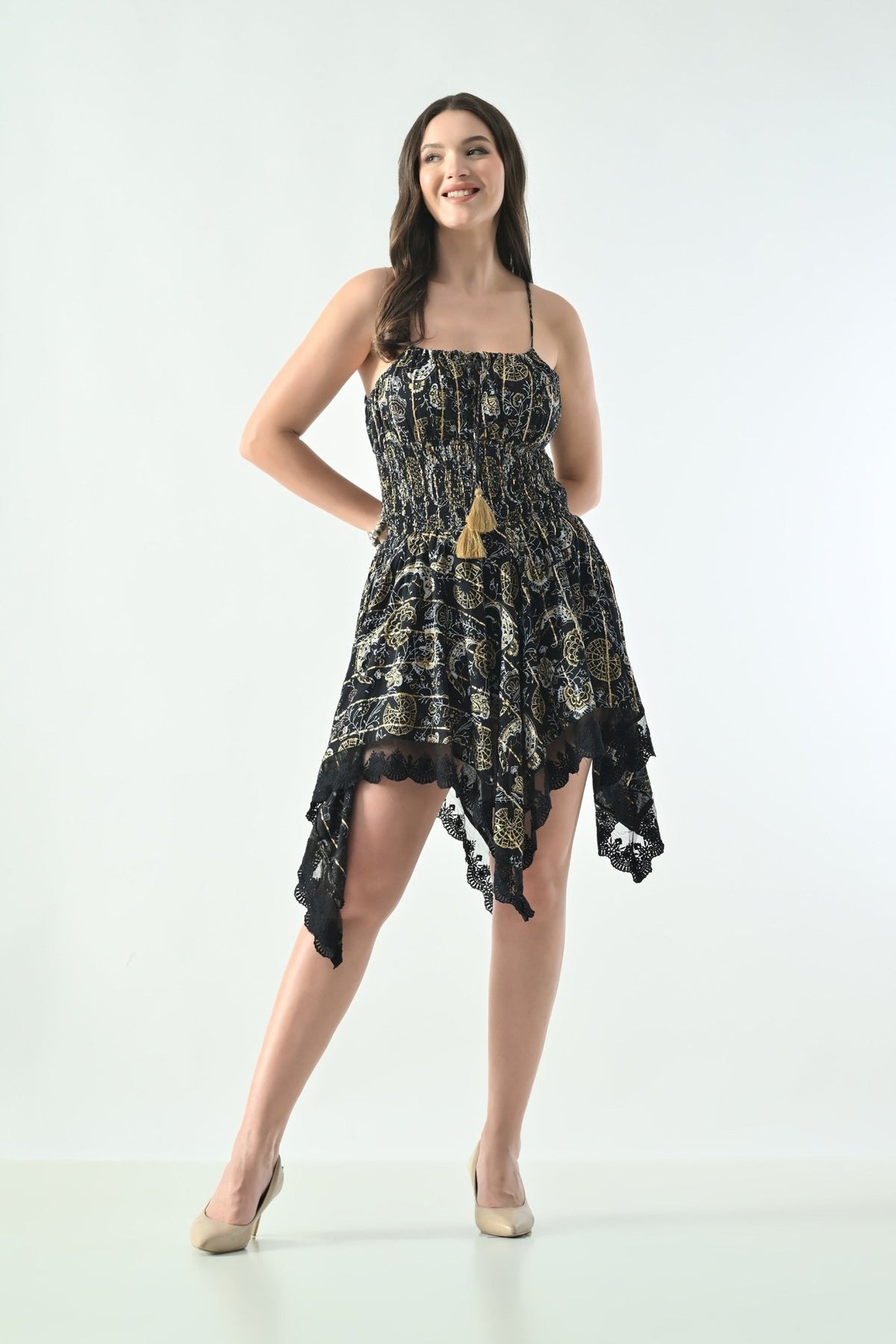 26453 Boho Smocked Handkerchief Hem Mini Dress – Rayon - Advance Apparels Inc