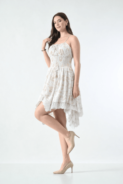 26453 Boho Smocked Handkerchief Hem Mini Dress – Rayon - Advance Apparels Inc