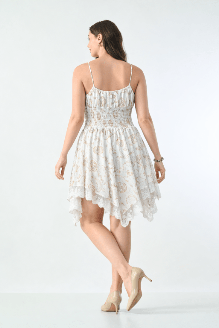 26453 Boho Smocked Handkerchief Hem Mini Dress – Rayon - Advance Apparels Inc