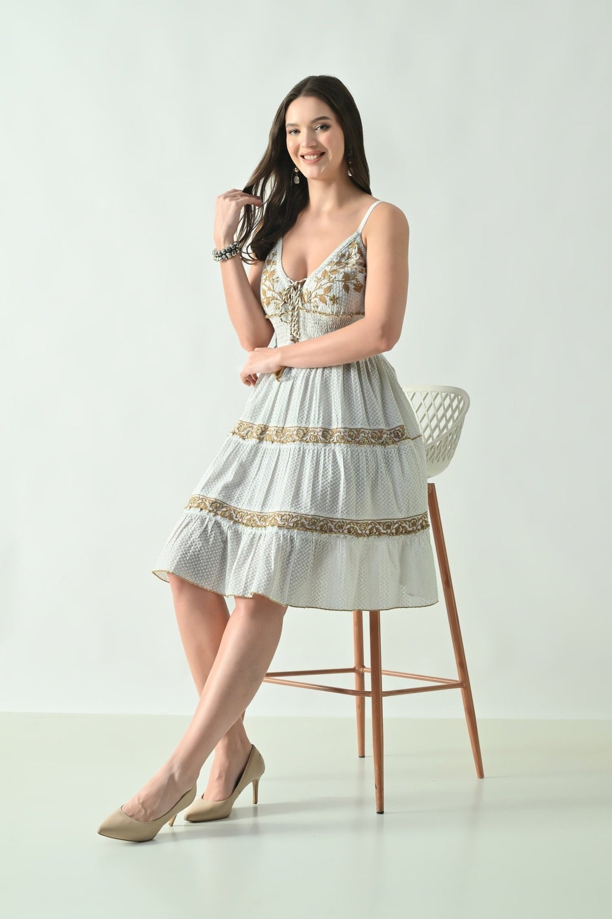26455 Floral Embroidered Boho Mini Dress with Tassel Tie – Rayon - Advance Apparels Inc