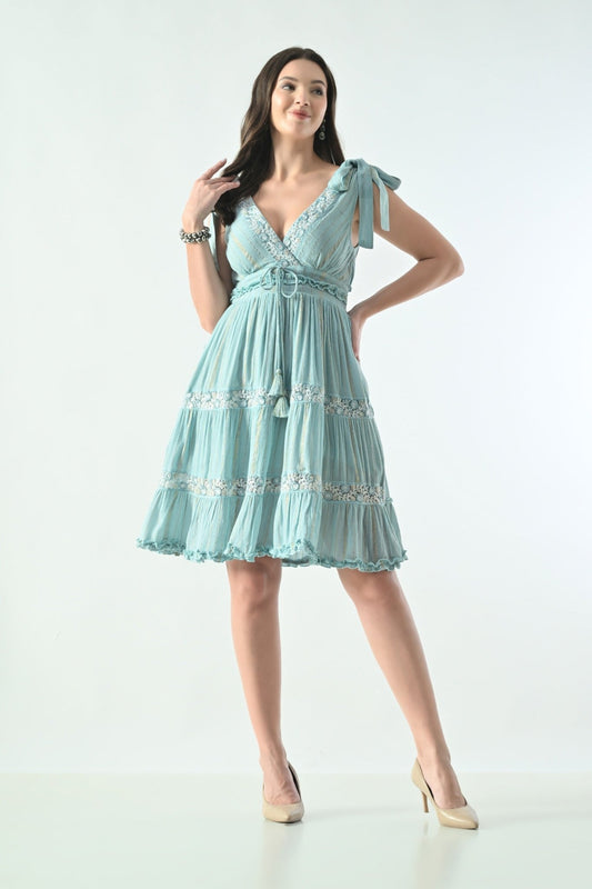 26456 Embroidered Boho Mini Dress with Tie Straps & Tassel Detail - Advance Apparels Inc