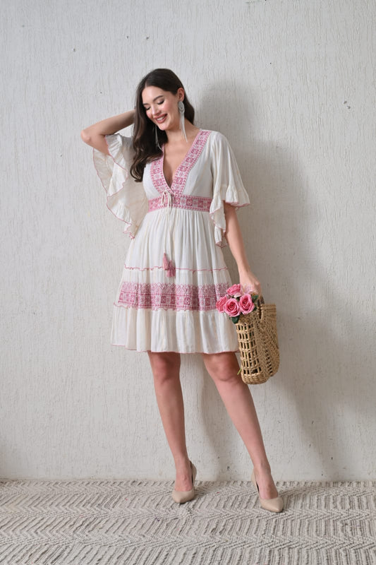 26458 Women's Boho V-Neck Embroidered Midi Dress – Multi Color Embroidery - Advance Apparels Inc