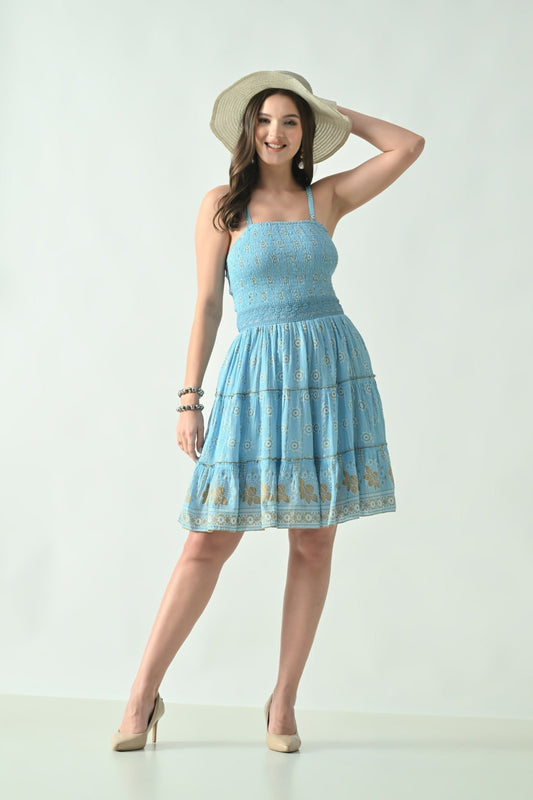 26465 Boho Smocked Mini Dress with Gold Print – Halter Neck Sundress - Advance Apparels Inc