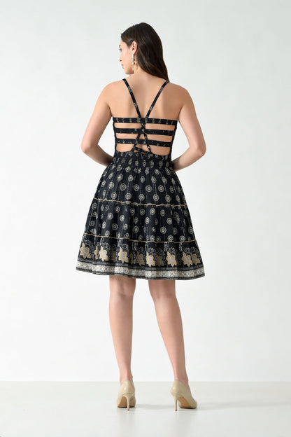 26465 Boho Smocked Mini Dress with Gold Print – Halter Neck Sundress - Advance Apparels Inc
