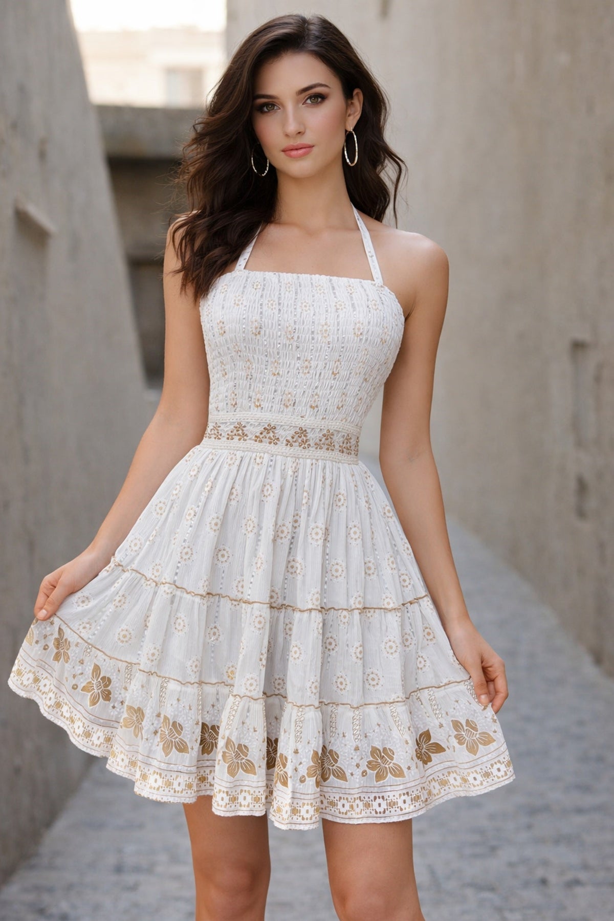 26465 Boho Smocked Mini Dress with Gold Print – Halter Neck Sundress - Advance Apparels Inc