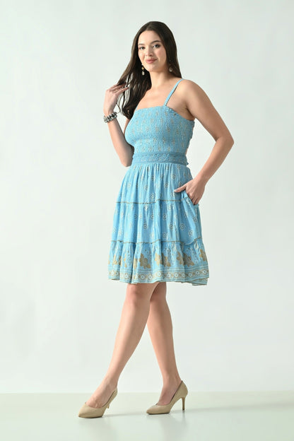 26465 Boho Smocked Mini Dress with Gold Print – Halter Neck Sundress - Advance Apparels Inc