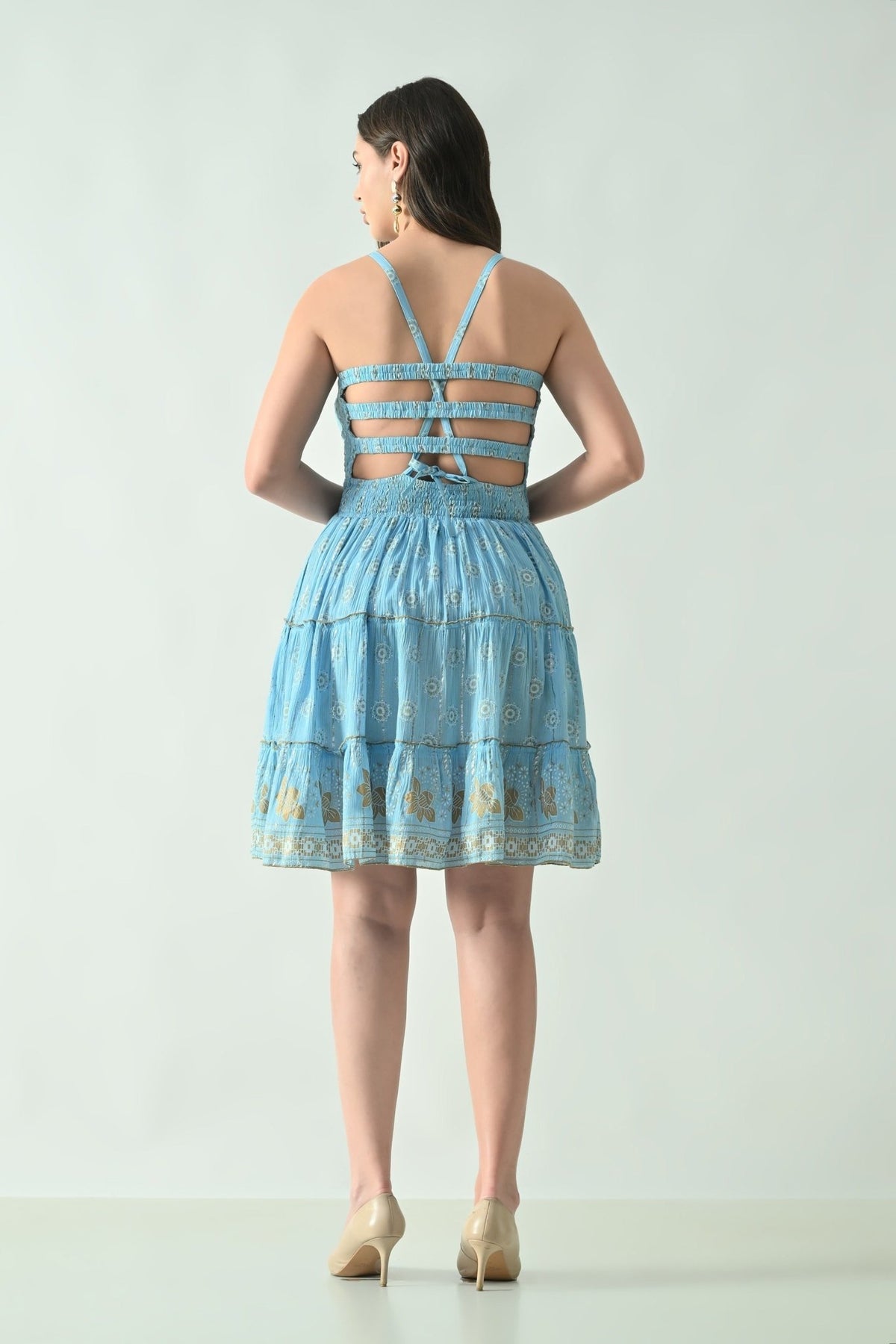 26465 Boho Smocked Mini Dress with Gold Print – Halter Neck Sundress - Advance Apparels Inc
