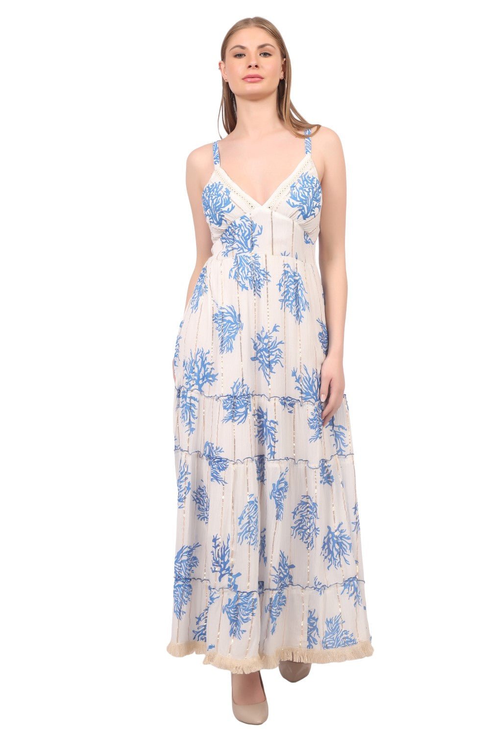 26475 Maxi Dress with Black Coral Print – Tiered Summer Boho Dress - Advance Apparels Inc
