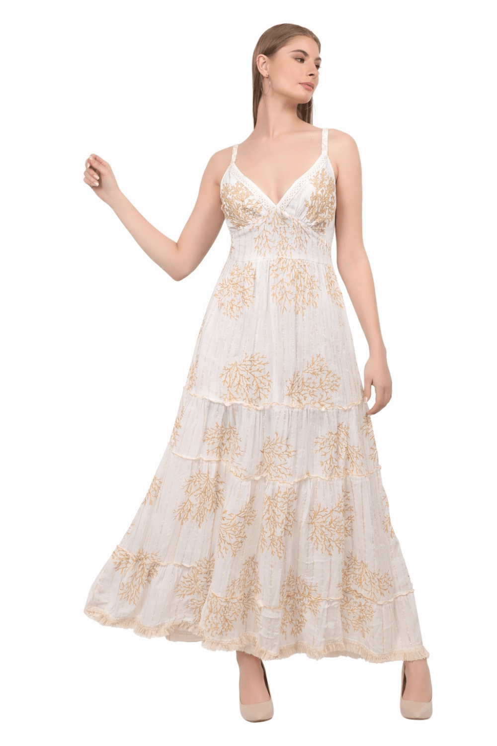 26475 Maxi Dress with Black Coral Print – Tiered Summer Boho Dress - Advance Apparels Inc