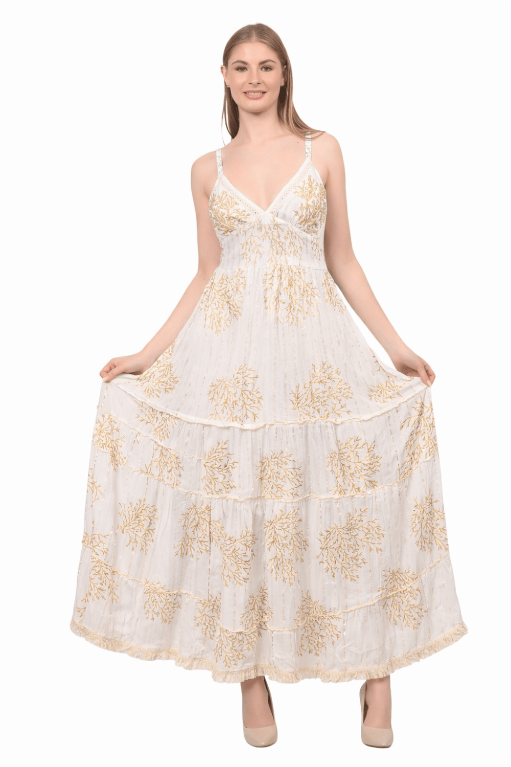 26475 Maxi Dress with Black Coral Print – Tiered Summer Boho Dress - Advance Apparels Inc