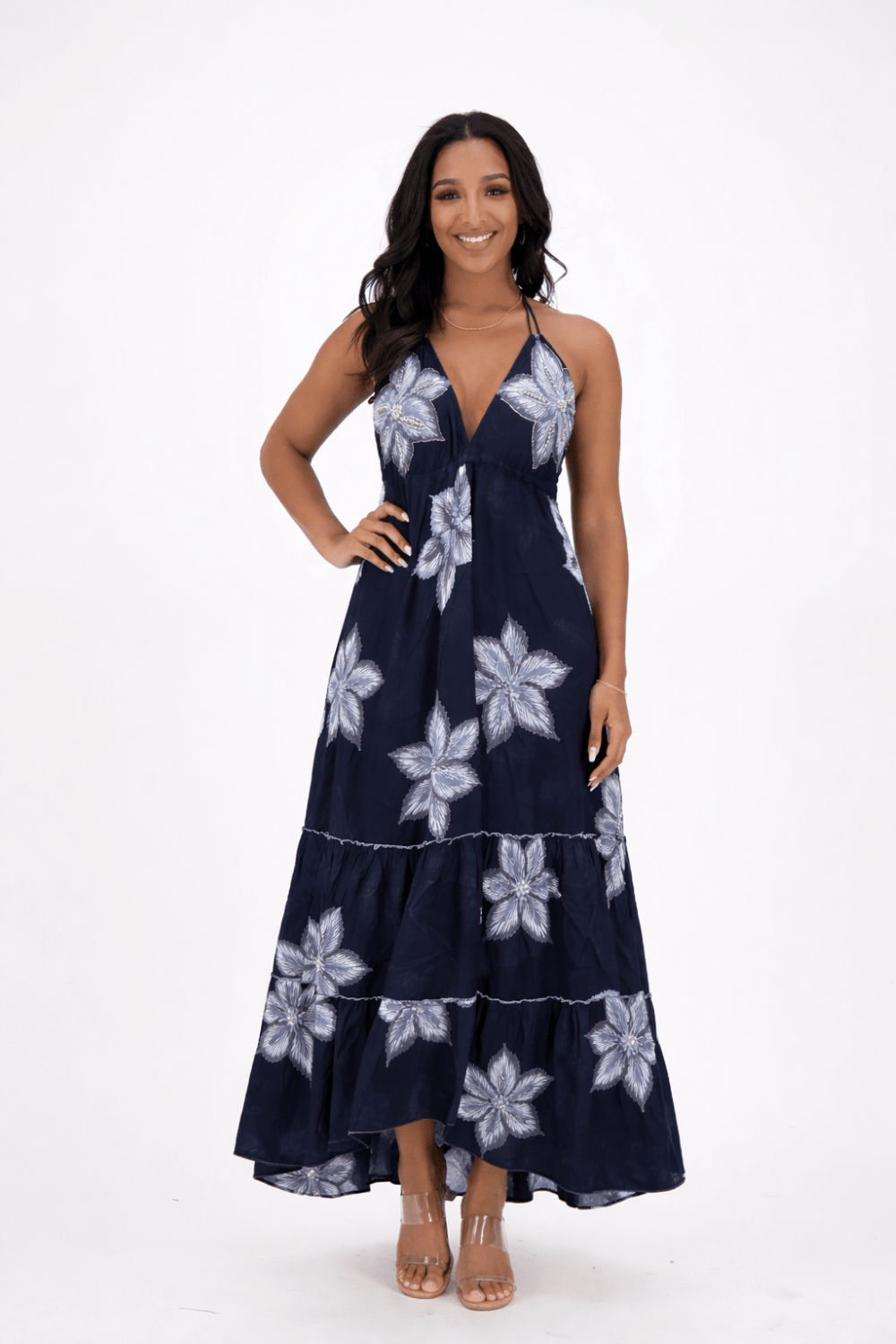 26478 Boho Halter Neck Maxi Dress with Open Back & Tassel Tie Detail – Black & white Floral Print - Advance Apparels Inc