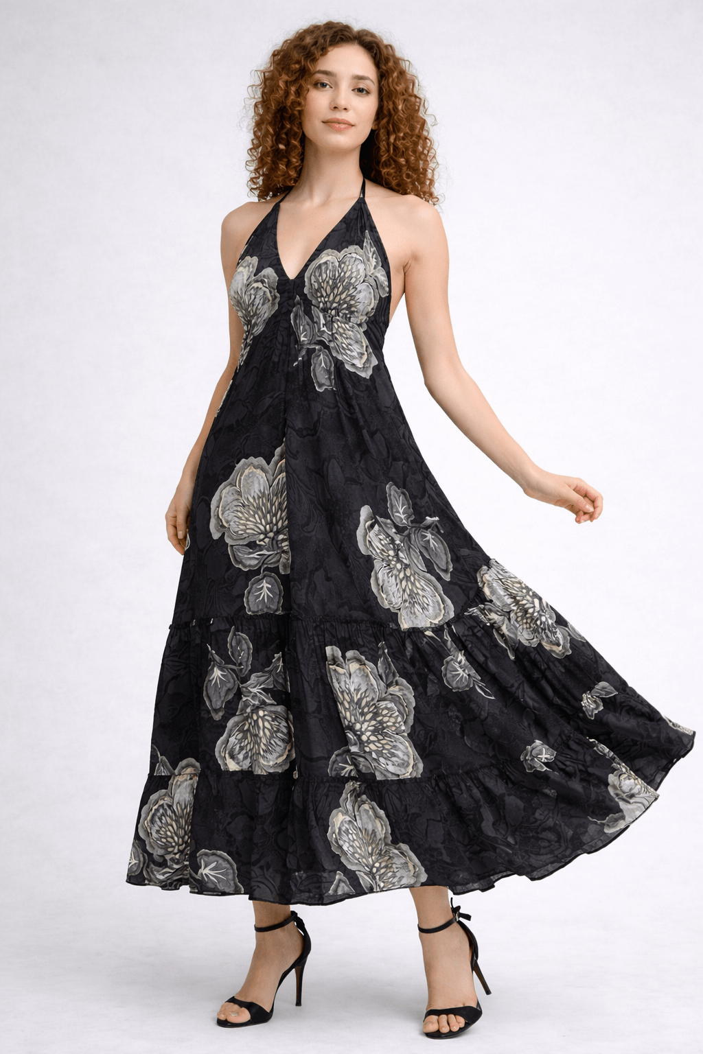 26479 Elegant Black/white Floral Halter Maxi Dress – Flowing Tiered Summer Dress - Advance Apparels Inc