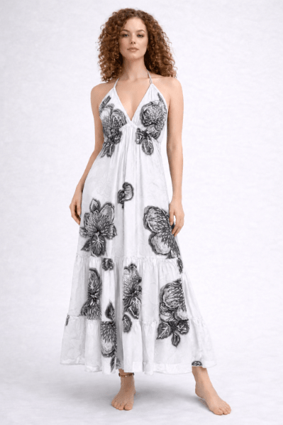 26479 Elegant Black/white Floral Halter Maxi Dress – Flowing Tiered Summer Dress - Advance Apparels Inc