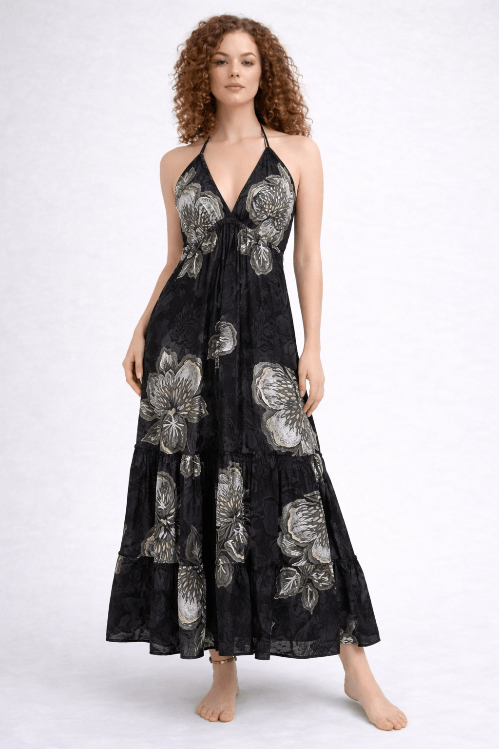 26479 Elegant Black/white Floral Halter Maxi Dress – Flowing Tiered Summer Dress - Advance Apparels Inc