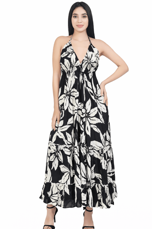 26480 Boho Halter Neck Maxi Dress with Open Back & Tassel Tie Detail – Black & Ivory Floral Print - Advance Apparels Inc
