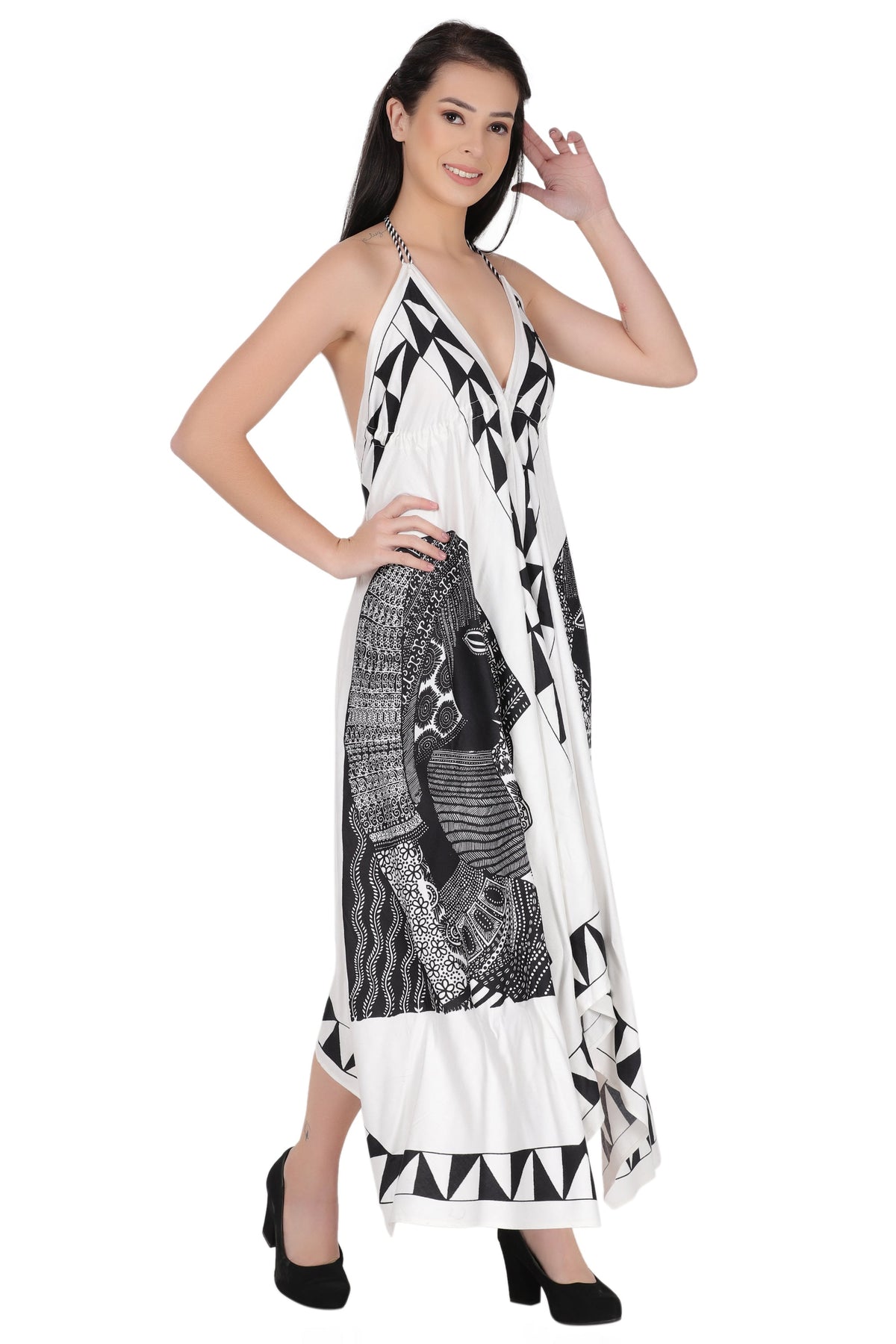 Long Geometric Print Halter Dress 1950